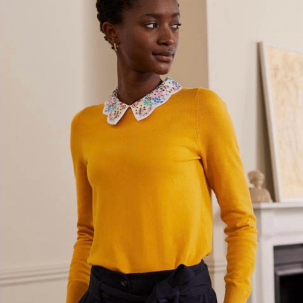 Boden Colette Collar Sweater with Floral Embroidered Collar in Tuscan Sun - Picture 3 of 6